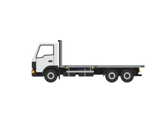 Flatbed truck white cabin gray bed on white background