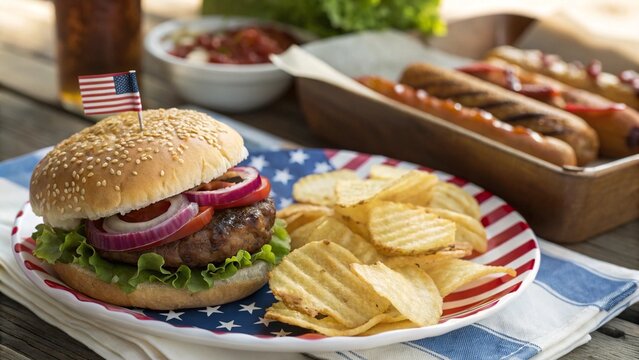 A delicious hamburger topped with an american flag sits on a plate with potato chips and hot dogs in the background