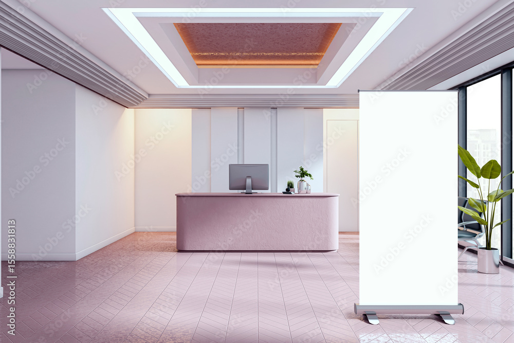 Poster Modern reception desk with vertical roll-up banner stand in stylish office lobby interior with clean design and bright welcoming atmosphere. 3D Rendering