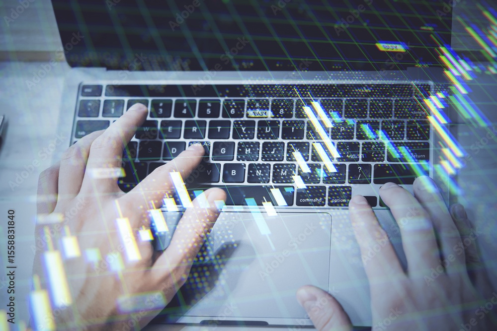 Poster businessperson analyzing stock market data on laptop with financial chart overlay in modern fintech 