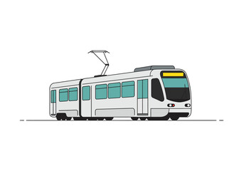 Fototapeta premium Gray tramstreetcar with blue windows and a yellow band on a white background