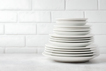 Simple Kitchen Scene with Stacked White Dinnerware