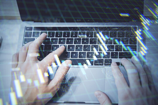 Businessperson analyzing stock market data on laptop with financial chart overlay in modern fintech interface environment on light background.