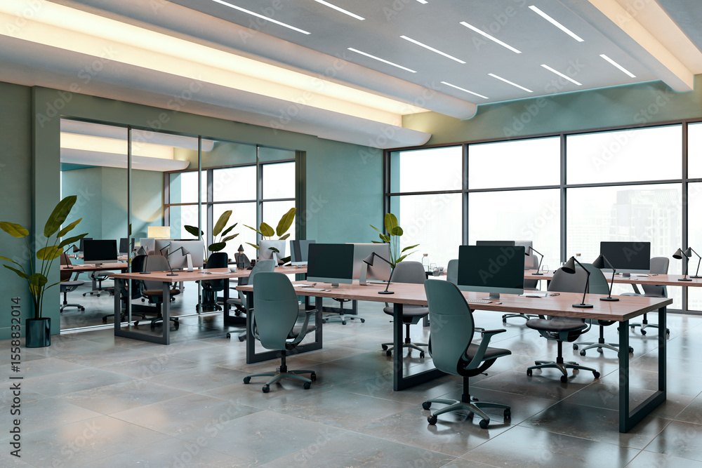 Poster modern empty corporate office interior with sleek furniture and large windows showcasing a bright ci