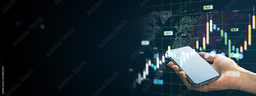 Aufkleber Smartphone in hand showing financial stock market trading graphs and global exchange data on digital interface with dark space for copy.