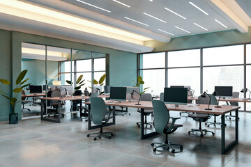 Modern empty corporate office interior with sleek furniture and large windows showcasing a bright city view in a contemporary workspace design. 3D Rendering