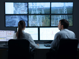 Control room operator smart grid monitoring teamwork technology energy power station electricity professional focus