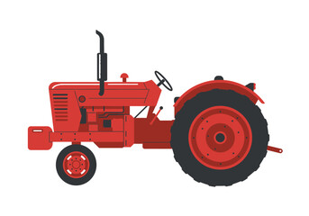 Red tractor with large back wheels  a black exhaust pipe