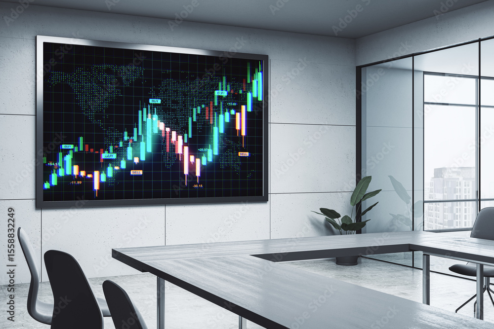 Poster financial candlestick chart on digital screen in modern office meeting room with large windows and c