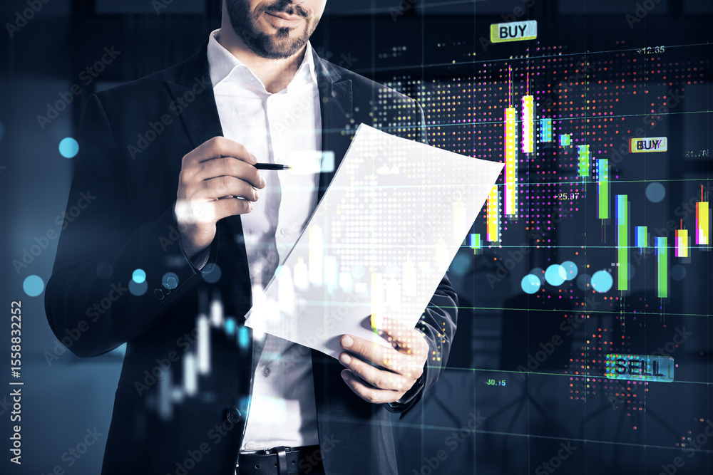 Aufkleber businessman analyzing stock market data with financial charts and trading graphs in futuristic digit