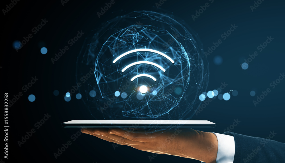 Poster Wireless network symbol above digital tablet held by hand with futuristic tech connecting lines on dark background in a business technology concept.
