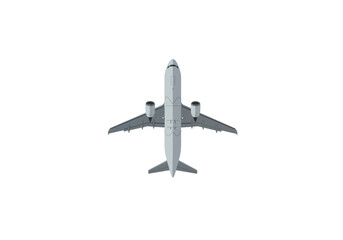 Top view of a gray commercial airplane with engines under the wings