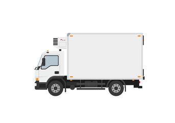 White box truck with a refrigeration unit showcasing its side view