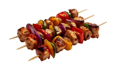 Grilled kebabs with vegetables on transparent background
