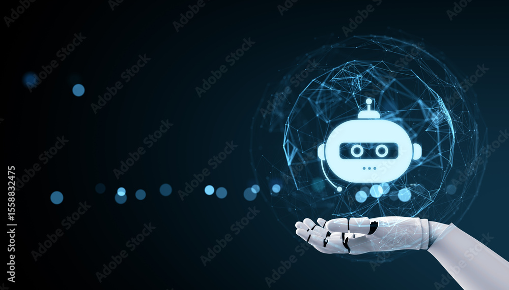 Poster Futuristic robotic hand presenting chatbot hologram with digital network connections on dark background representing AI technology and automation. 3D Rendering