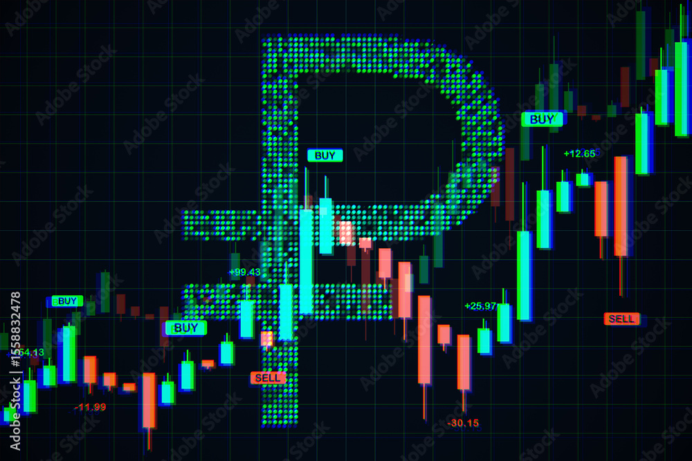 Poster russian ruble symbol overlaid with candlestick chart and buy-sell signals on digital dark background