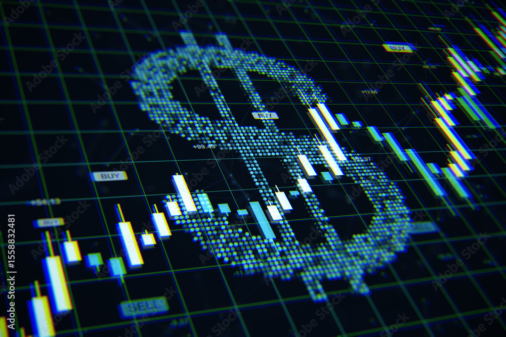 Poster Digital dollar symbol with forex candlestick chart on dark grid background representing financial market and currency trading concept. 3D Rendering