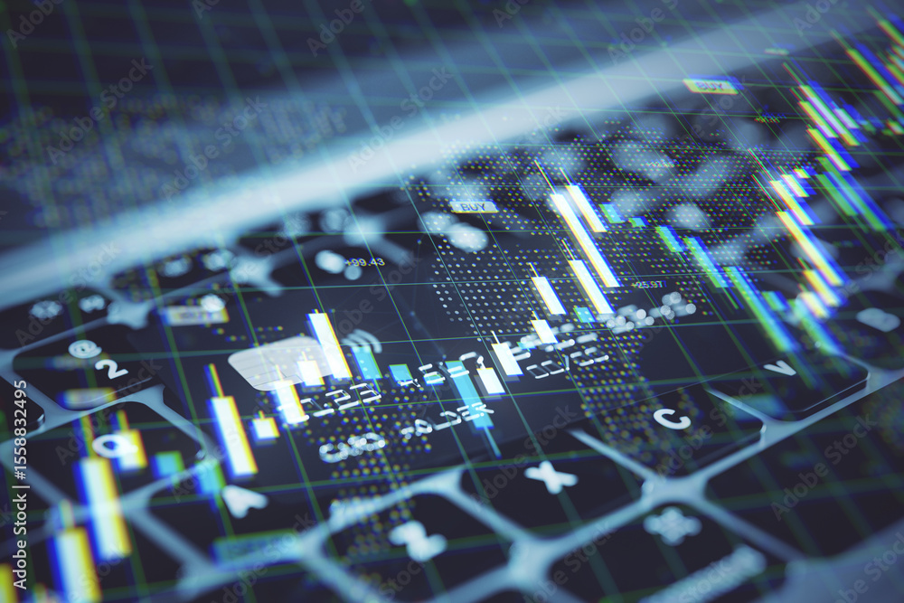 Poster Digital stock market data and candlestick charts overlay on computer keyboard representing fintech economy and technology background concept.