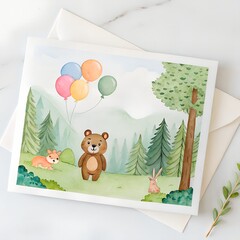A charming watercolor painting depicts a cute brown bear with colorful balloons in a serene forest setting with a fox and a rabbit