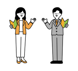 初心者マークを持って話す笑顔のビジネスパーソンの全身イラスト素材