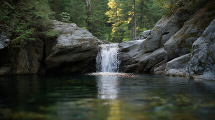 Fototapeta premium Waterfall rock pool forest nature tranquil green sunlight create peaceful scene with clear water and lush foliage serene
