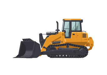 Yellow bulldozer with grey tracks angled view on a white background