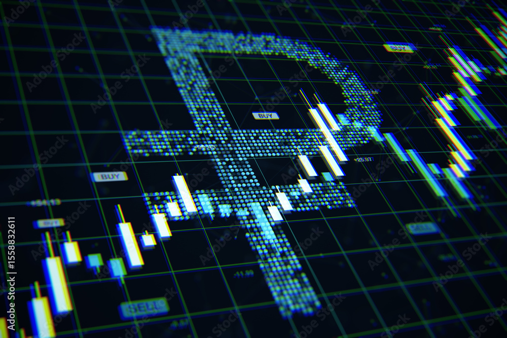 Poster Russian ruble symbol made of digital dots on dark screen with forex candlestick chart and financial data display in abstract economic backdrop. 3D Rendering