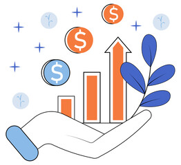Vector Icon of Hand Holding Growing Stock Line With Money Icons, Featuring a Flat and Colorful Style for Business or Investment Concepts