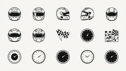 Minimalist Automotive Icons: Tachometer, Helmets, Checkered Flags.