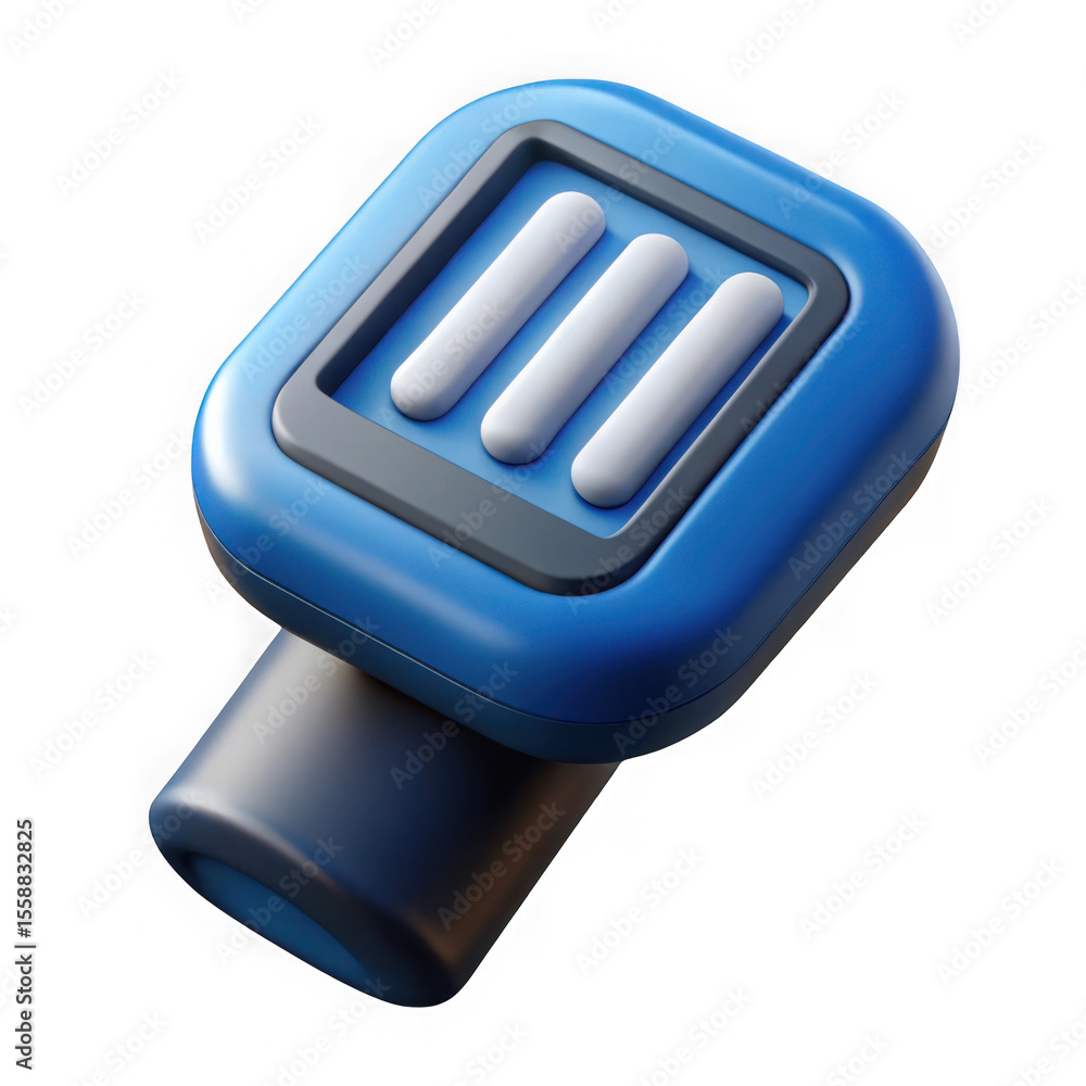 Poster futuristic blue and gray electronic device with three white rounded buttons isolated on transparent 