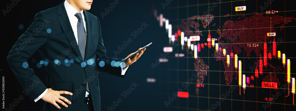 Poster businessman analyzing global financial market crash using smartphone with stock chart showing red do