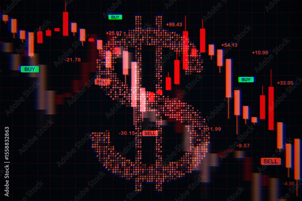 Poster Digital dollar sign with red stock market candlestick chart showing financial crisis and price drop on dark background. 3D Rendering