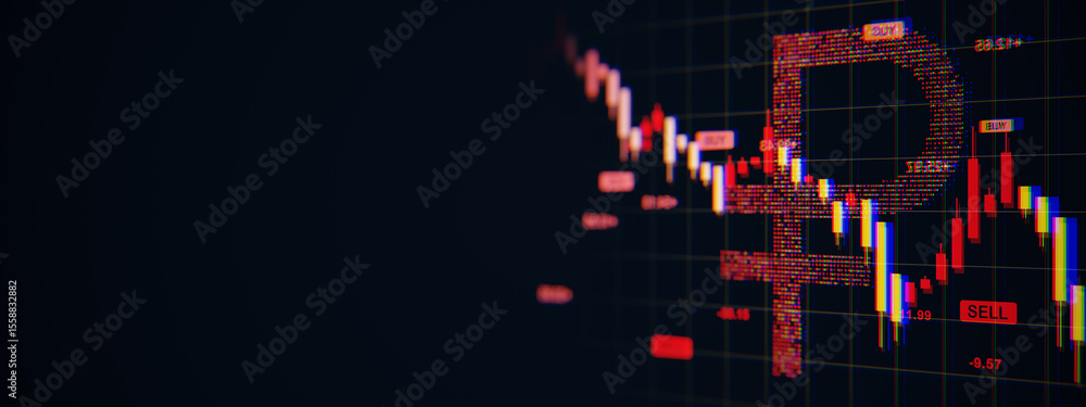 Aufkleber russian ruble currency crash represented by falling stock market candlestick chart on dark backgroun