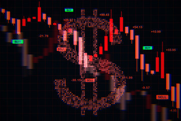 Digital dollar sign with red stock market candlestick chart showing financial crisis and price drop on dark background. 3D Rendering