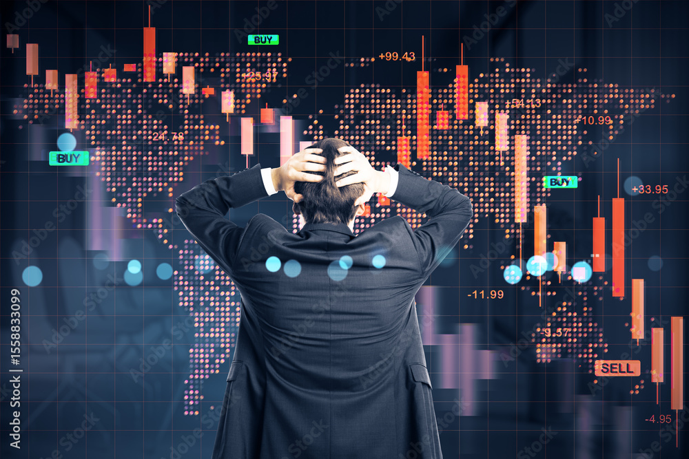 Poster businessman holding head in stress while looking at falling stock market graph and global financial 