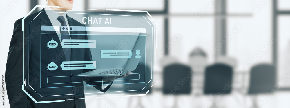 Poster businessman holding laptop with chatbot interface overlay in modern office, symbolizing ai-driven co