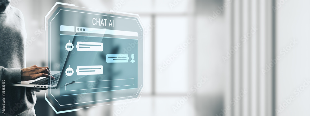 Poster person using laptop with ai chatbot interface on digital screen in modern office environment, showca