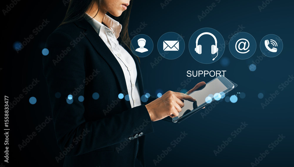 Poster businesswoman using tablet for online support service with communication icons on dark background re