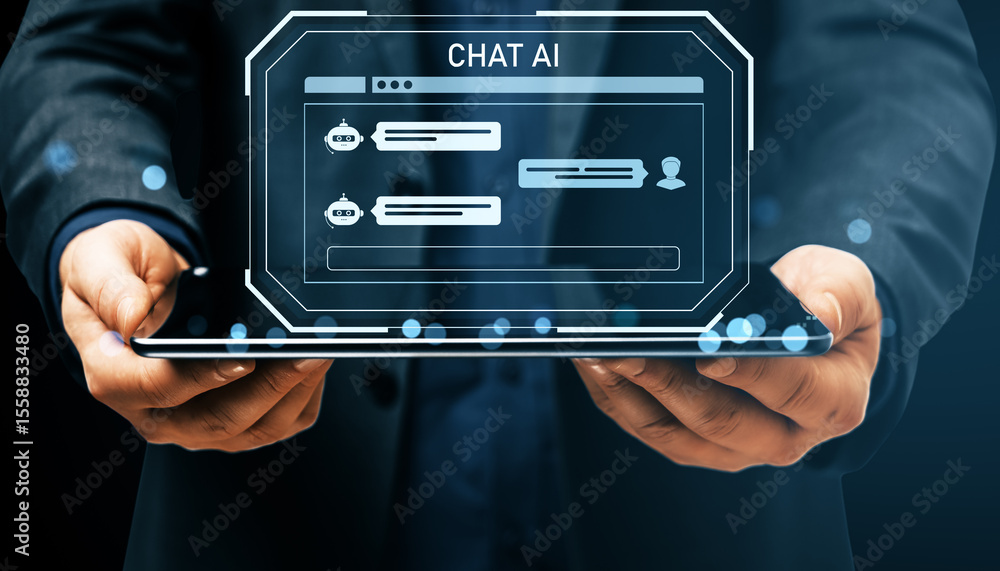 Poster businessperson holding tablet with futuristic ai chatbot interface on screen, representing virtual a