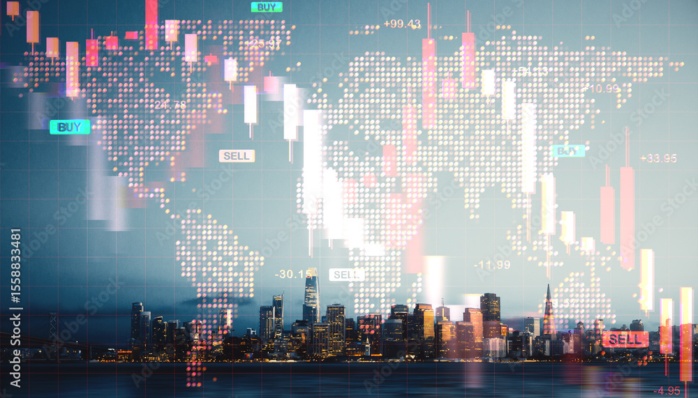 Poster global financial market downturn concept with falling stock chart over city skyline and world map ov