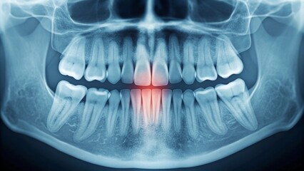 A panoramic dental X-ray revealing a full set of adult teeth, with the wisdom teeth (third molars) highlighted in red, indicating potential issues or the need for extraction
