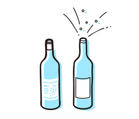 おしゃれでシンプルな赤白ワインボトル2個セット水色素材イラスト