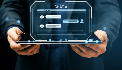 Businessperson holding tablet with futuristic AI chatbot interface on screen, representing virtual assistant technology and online communication concept.