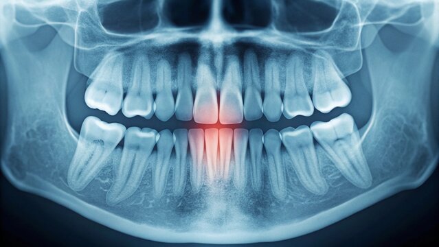 A panoramic dental X-ray revealing a full set of adult teeth, with the wisdom teeth (third molars) highlighted in red, indicating potential issues or the need for extraction