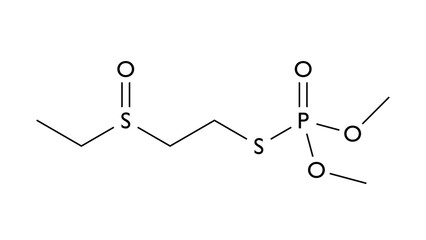 oxydemeton-methyl molecule, structural chemical formula, ball-and-stick model, isolated image insecticide