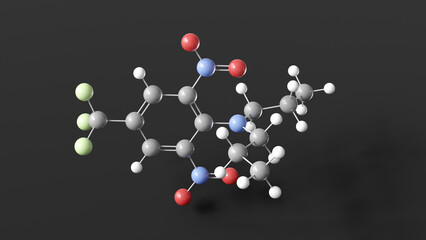 trifluralin molecule 3d, molecular structure, ball and stick model, structural chemical formula herbicide