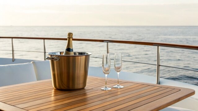 A chilled bottle of champagne in a silver ice bucket sits on a polished wooden table on the deck of a yacht, with the vast, calm ocean stretching to the horizon under a soft sunset sky