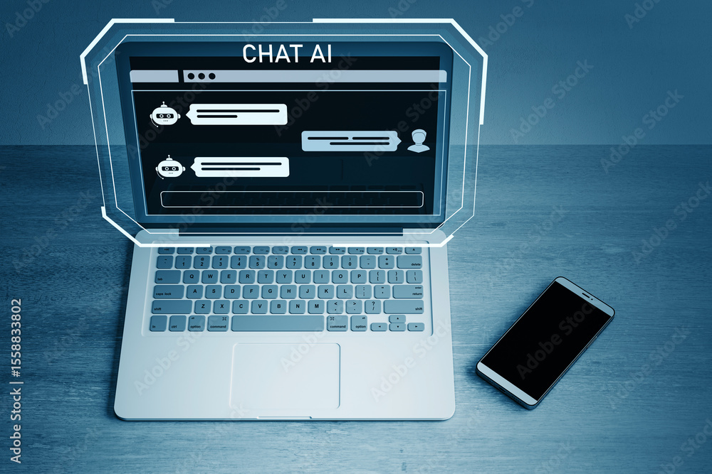 Poster futuristic chatbot interface displayed on laptop screen with smartphone beside on wooden desk for di