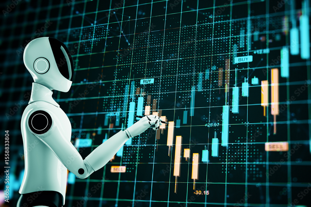 Aufkleber Futuristic robot assistant analyzing digital financial charts on a glowing screen with virtual forex data and trading signals in modern fintech concept. 3D Rendering