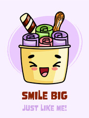Kawaii laughing ice cream poster. Cute dessert character with happy face